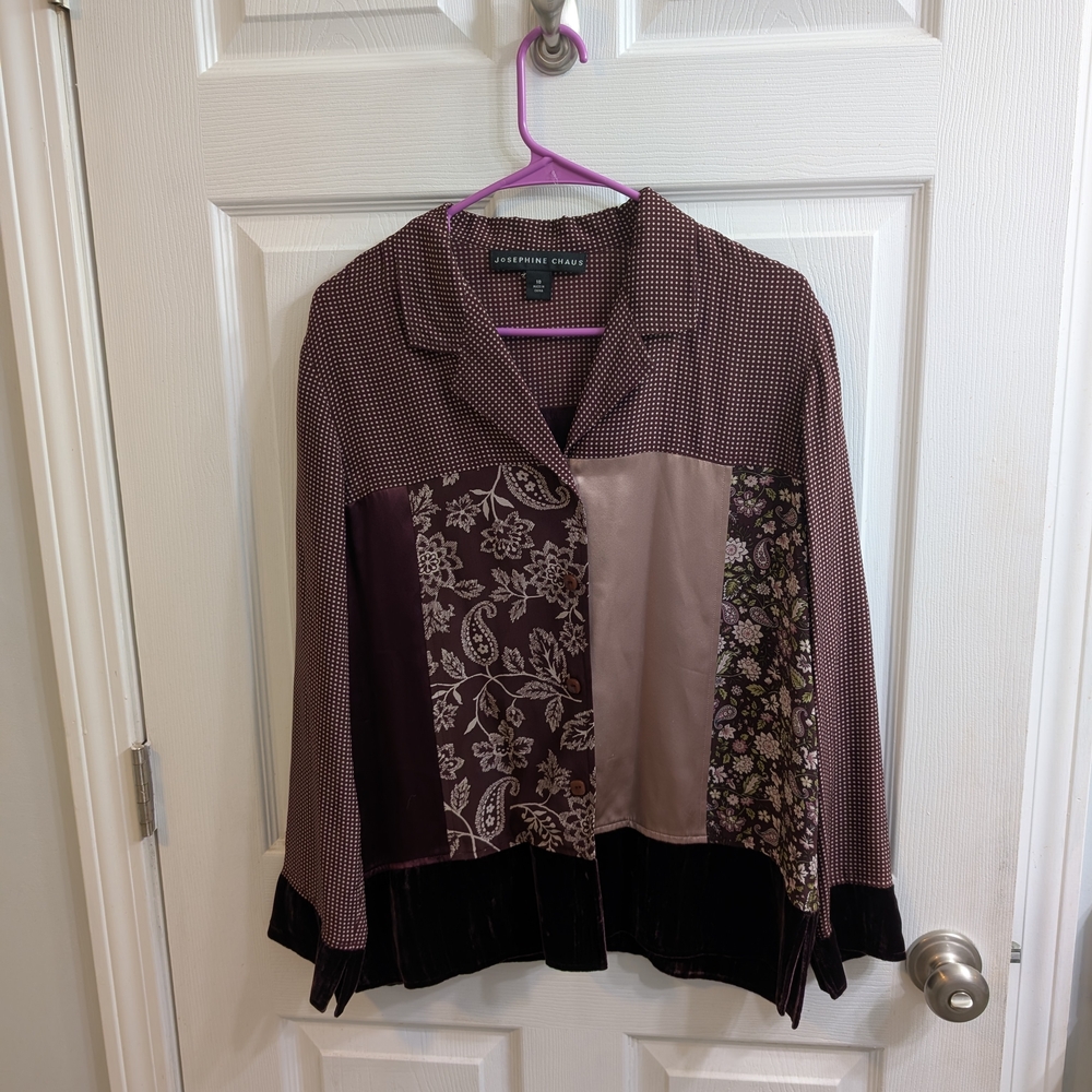 Josephine Chaus Women's Burgundy Floral‎  Patchwork Blouse Silk Blend - Size 10